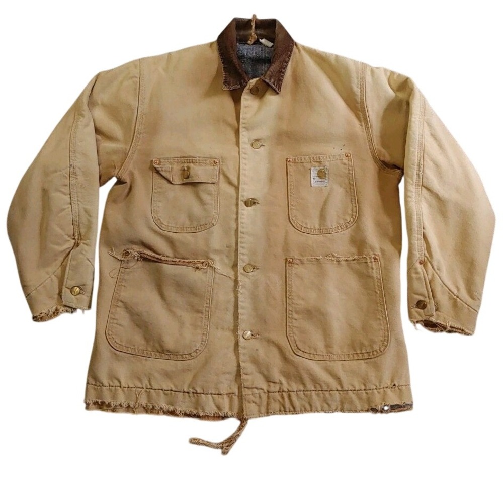 Thrashed 90 Carhartt Chore Coat Tan Duck Canvas Distress Blanket Lined Jacket 42